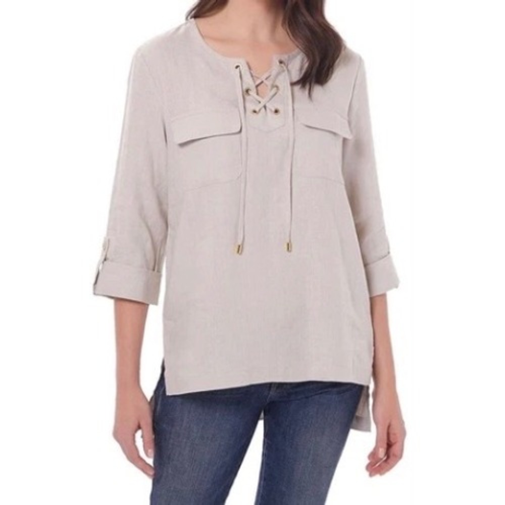 Company Ellen Tracy Sandstone Linen Blend Lace Up Tunic Top XL NWT ECMS73038